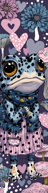 Free kawaii frog bookmark featuring a concerned kawaii frog with hearts